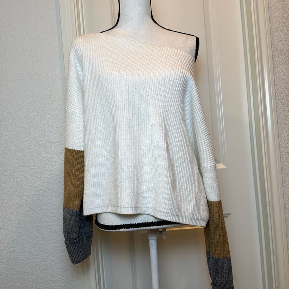 French Connection Off-the-Shoulder White and Tan Sweater